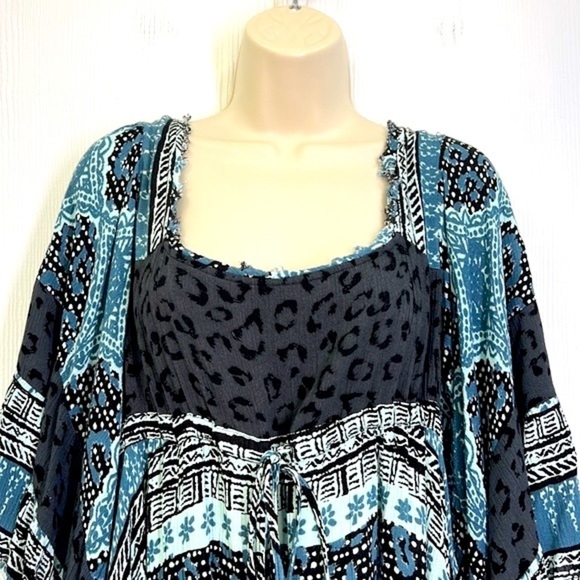 Free People - Heart Of Gold Bohemian Fit & Flare Charcoal & Teal Mini Dress SM - Picture 3 of 12